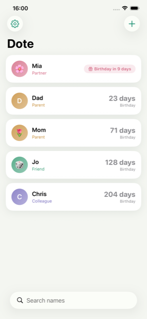 Dote's list of people, each showing how many days until their birthday