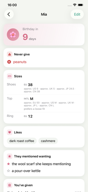 A person's page in Dote: a countdown, an allergy warning, sizes with conversions, likes and past gifts