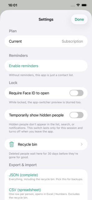 Settings: Face ID lock, hidden people, recycle bin, export and import